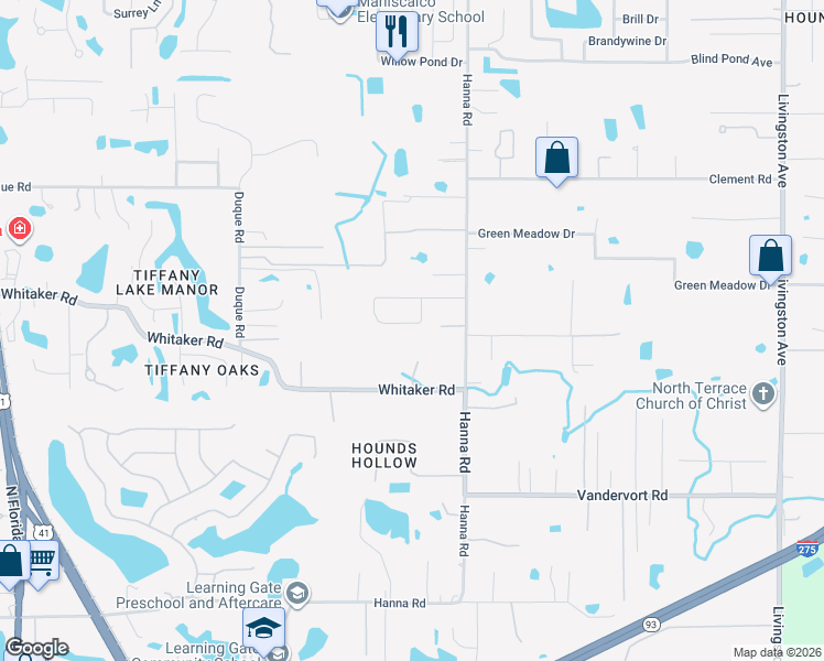 map of restaurants, bars, coffee shops, grocery stores, and more near 1012 Wildrose Drive in Lutz