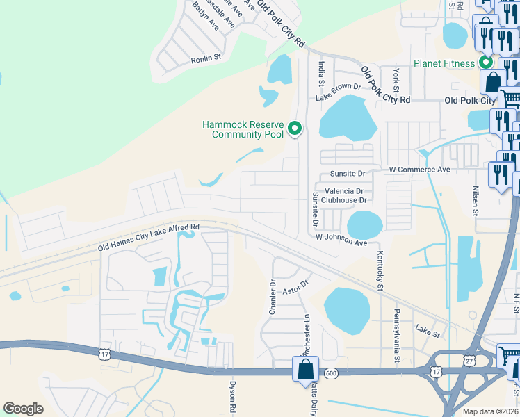 map of restaurants, bars, coffee shops, grocery stores, and more near La Paloma Avenue in Haines City