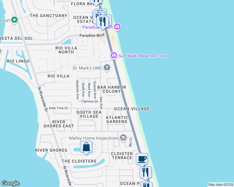 map of restaurants, bars, coffee shops, grocery stores, and more near 121 Poinsetta Street in Indialantic