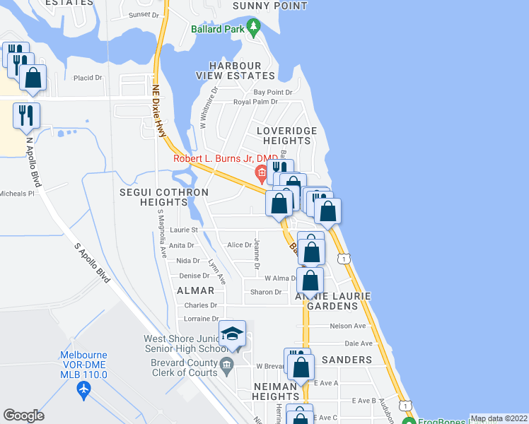 map of restaurants, bars, coffee shops, grocery stores, and more near 418 Poinciana Drive in Melbourne