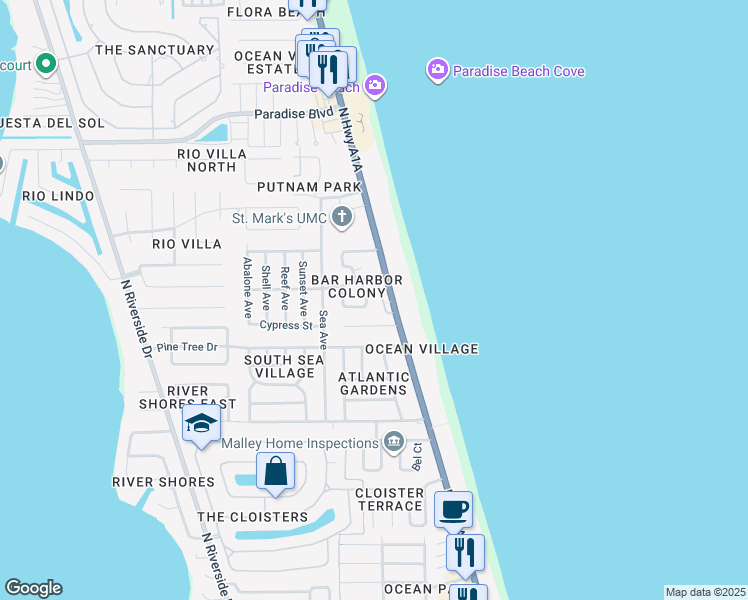 map of restaurants, bars, coffee shops, grocery stores, and more near 1902 Cato Court in Indialantic