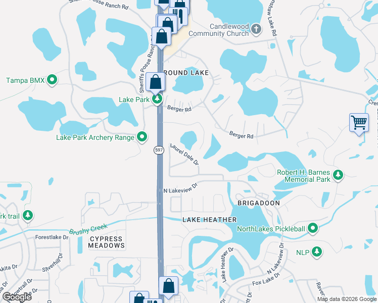map of restaurants, bars, coffee shops, grocery stores, and more near 3404 Valley Ranch Drive in Lutz