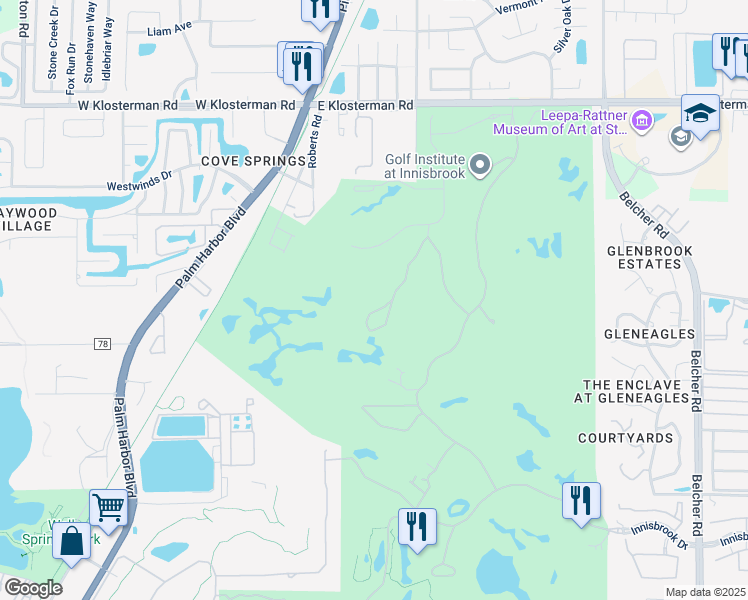 map of restaurants, bars, coffee shops, grocery stores, and more near Pine Burr in Palm Harbor