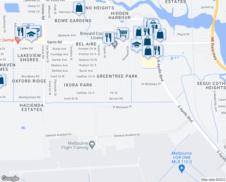 map of restaurants, bars, coffee shops, grocery stores, and more near 537 Walnut Drive in Melbourne