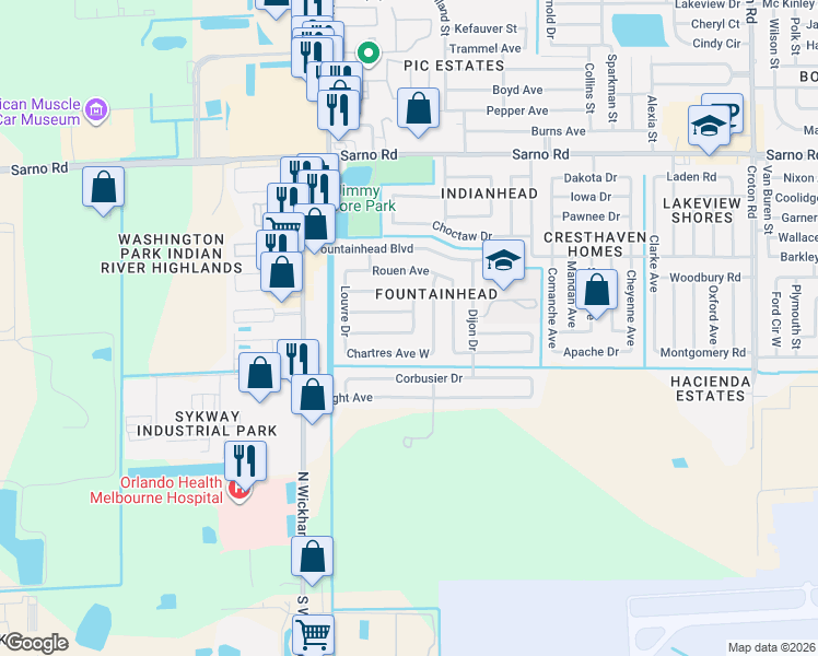 map of restaurants, bars, coffee shops, grocery stores, and more near 2793 Notre Dame Avenue in Melbourne