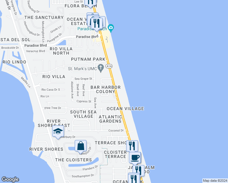 map of restaurants, bars, coffee shops, grocery stores, and more near 2150 North Highway A1A in Indialantic