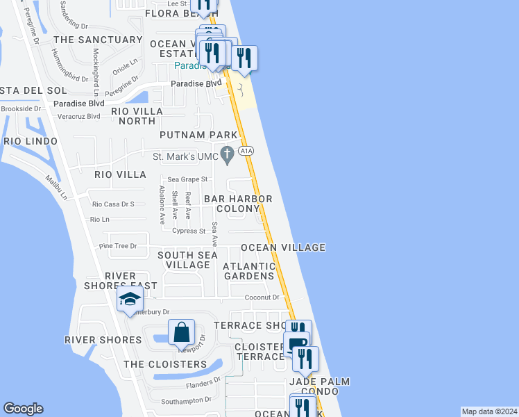 map of restaurants, bars, coffee shops, grocery stores, and more near 121 Poinsetta Street in Indialantic