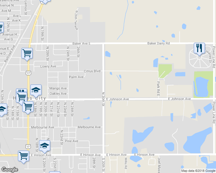 map of restaurants, bars, coffee shops, grocery stores, and more near 751 North 30th Street in Haines City