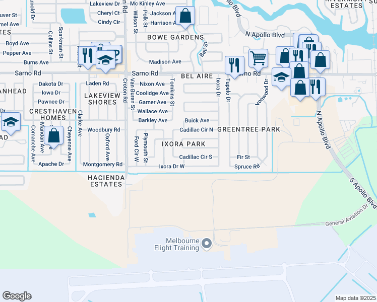 map of restaurants, bars, coffee shops, grocery stores, and more near 1757 Dodge Circle South in Melbourne