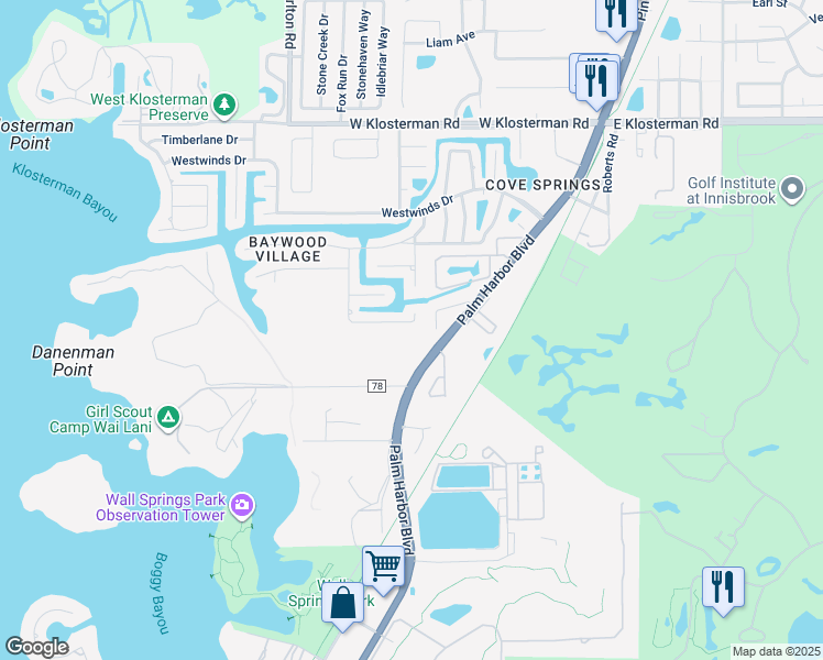 map of restaurants, bars, coffee shops, grocery stores, and more near 63 Gulfwinds Drive in Palm Harbor