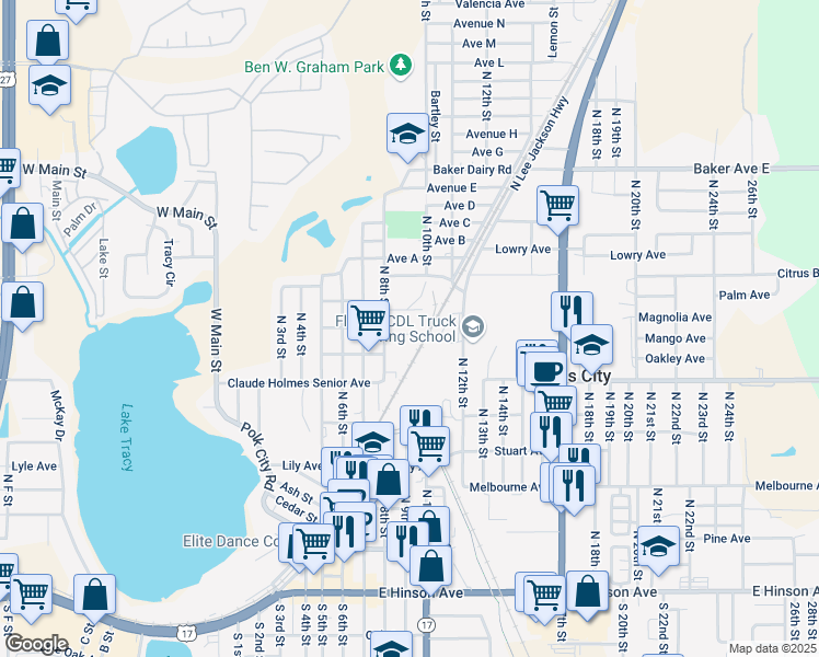 map of restaurants, bars, coffee shops, grocery stores, and more near 820 Center Avenue in Haines City