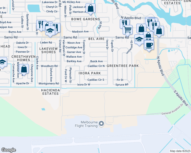 map of restaurants, bars, coffee shops, grocery stores, and more near 1757 Dodge Circle South in Melbourne