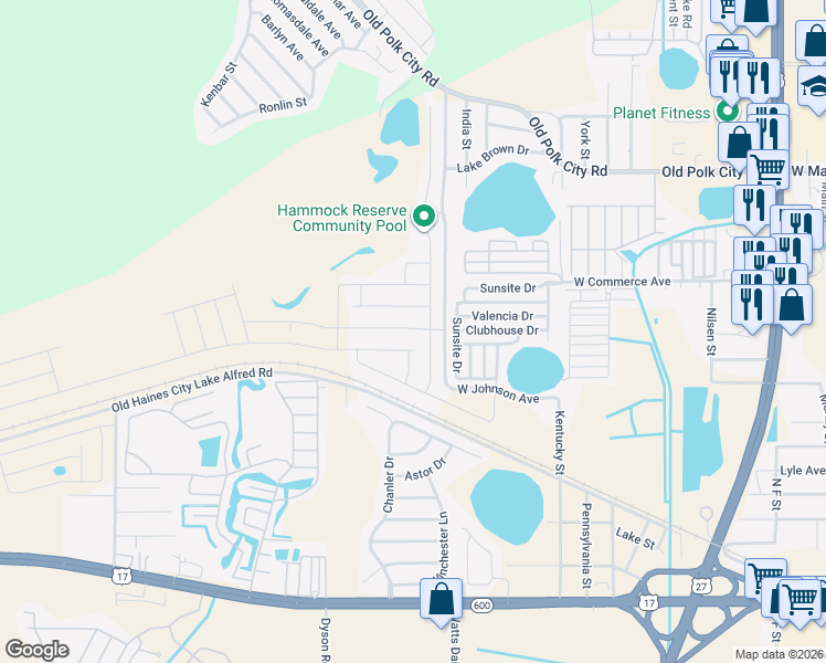 map of restaurants, bars, coffee shops, grocery stores, and more near in Haines City