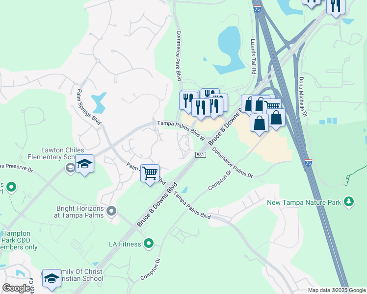 map of restaurants, bars, coffee shops, grocery stores, and more near 17110 Carrington Park Drive in Tampa