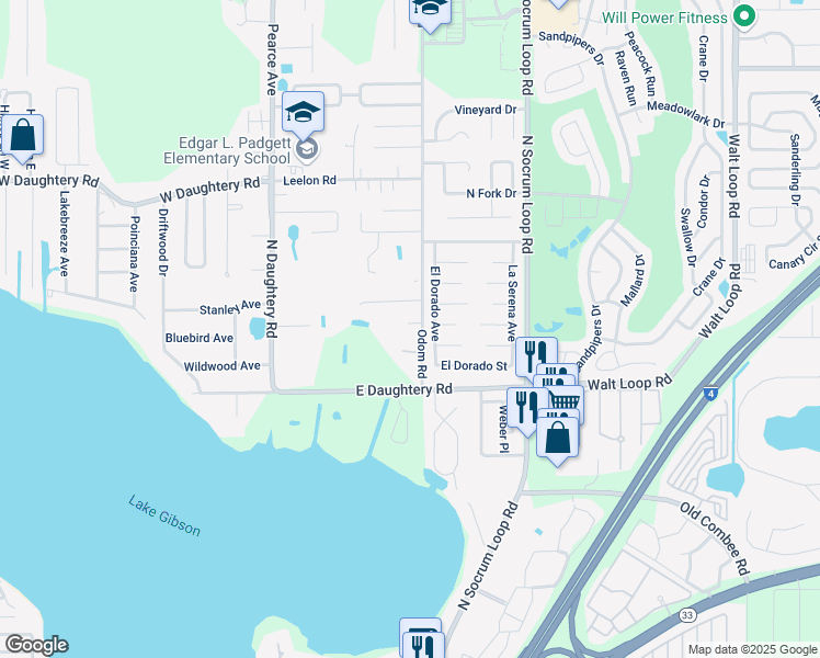 map of restaurants, bars, coffee shops, grocery stores, and more near 5572 Odom Road in Lakeland