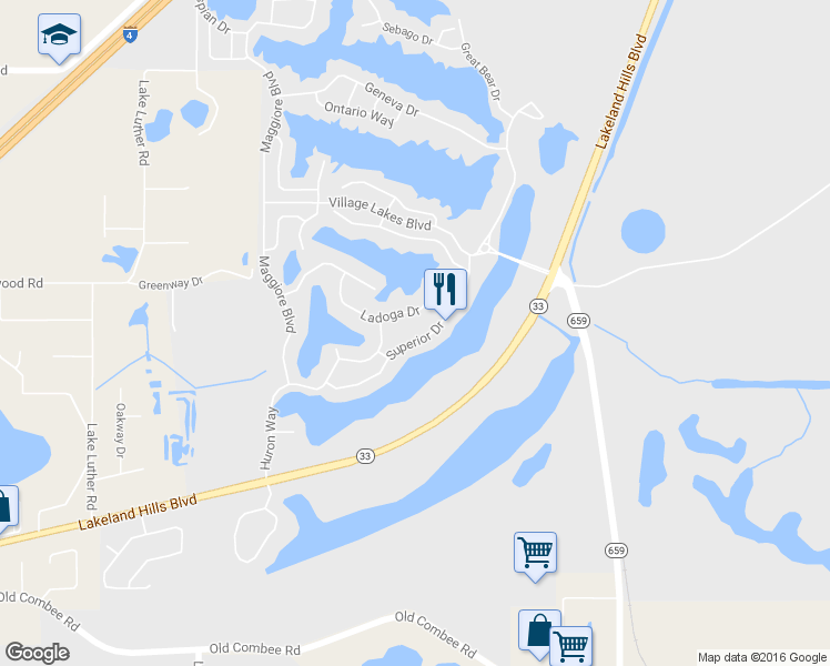map of restaurants, bars, coffee shops, grocery stores, and more near 5586 Superior Dr in Lakeland
