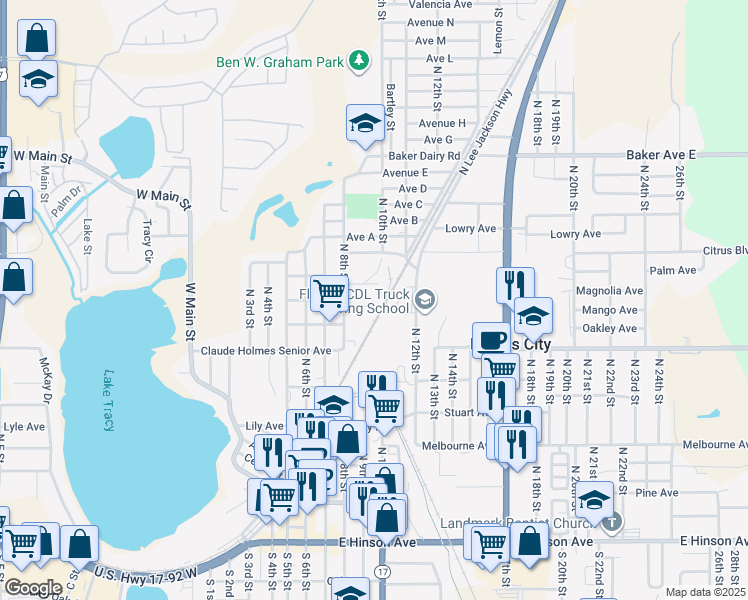 map of restaurants, bars, coffee shops, grocery stores, and more near 828 Center Avenue in Haines City