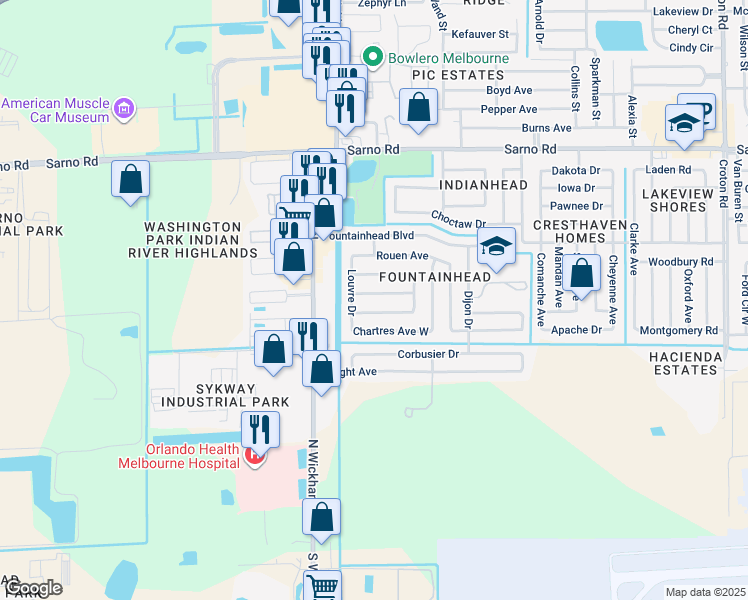 map of restaurants, bars, coffee shops, grocery stores, and more near 2873 Notre Dame Avenue in Melbourne