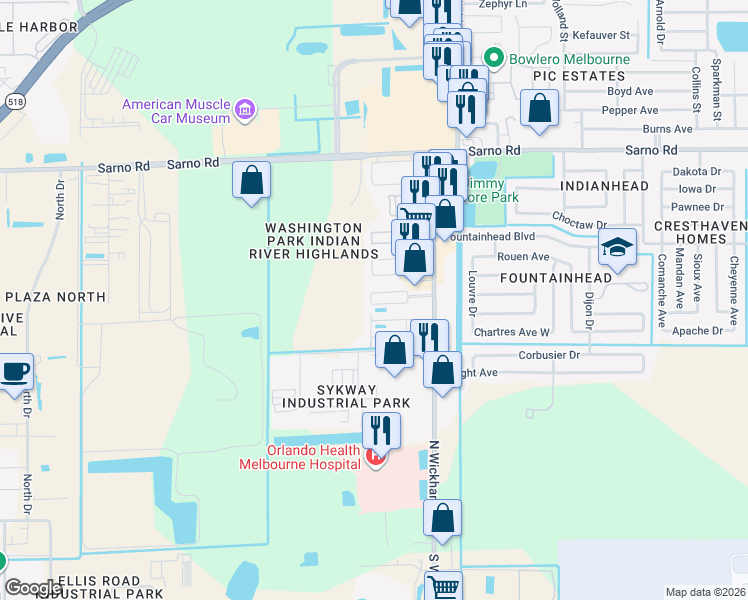 map of restaurants, bars, coffee shops, grocery stores, and more near 596 North Wickham Road in Melbourne