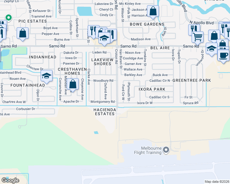 map of restaurants, bars, coffee shops, grocery stores, and more near 558 Croton Road in Melbourne