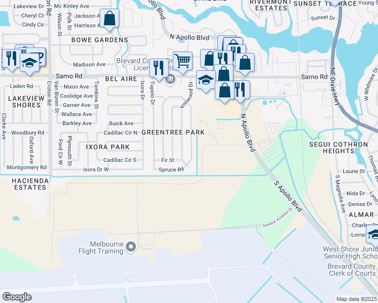 map of restaurants, bars, coffee shops, grocery stores, and more near 560 Teak Drive in Melbourne