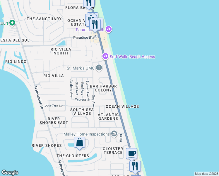 map of restaurants, bars, coffee shops, grocery stores, and more near 121 Poinsetta Street in Indialantic