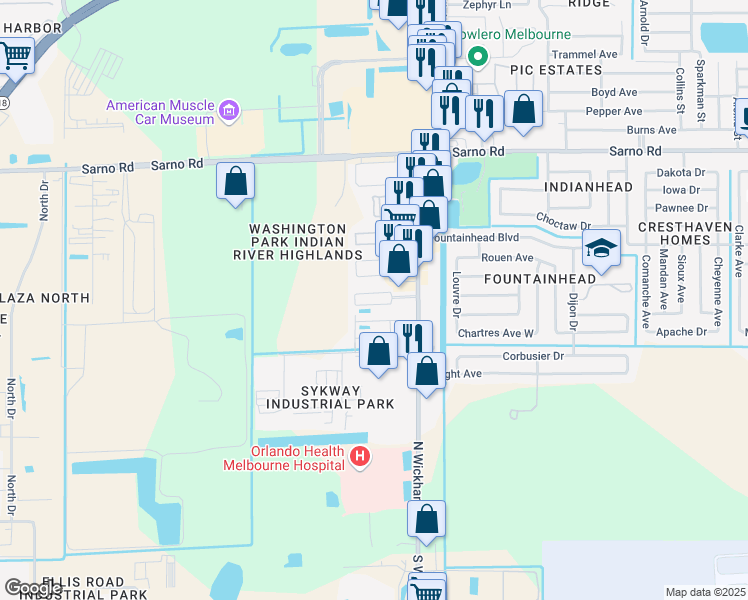 map of restaurants, bars, coffee shops, grocery stores, and more near 596 North Wickham Road in Melbourne