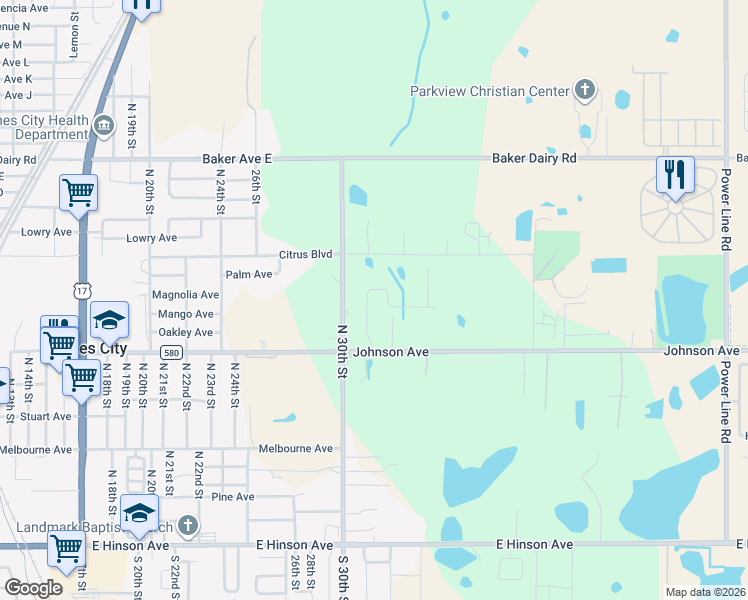 map of restaurants, bars, coffee shops, grocery stores, and more near 751 North 30th Street in Haines City