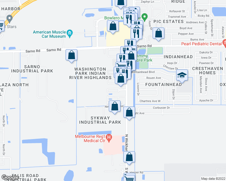 map of restaurants, bars, coffee shops, grocery stores, and more near 596 North Wickham Road in Melbourne
