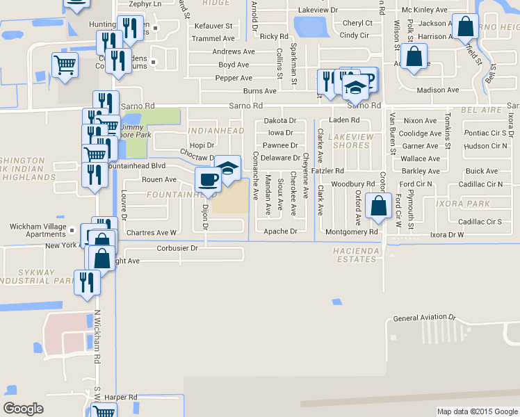 map of restaurants, bars, coffee shops, grocery stores, and more near 563 Comanche Ave in Melbourne