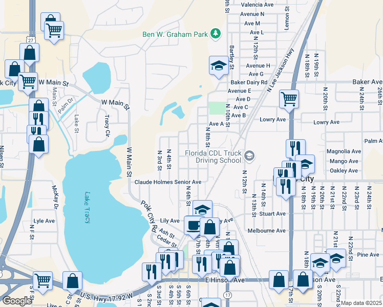 map of restaurants, bars, coffee shops, grocery stores, and more near 706 North 6th Street in Haines City