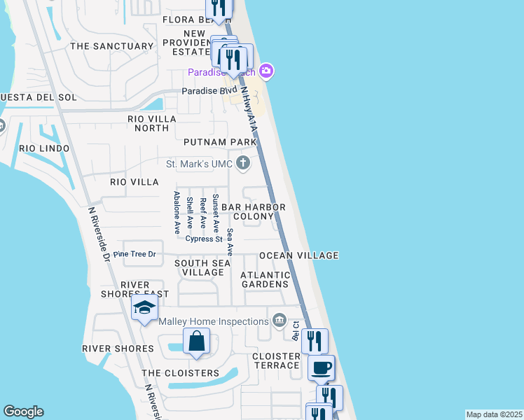 map of restaurants, bars, coffee shops, grocery stores, and more near 121 Poinsetta Street in Indialantic