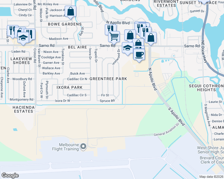 map of restaurants, bars, coffee shops, grocery stores, and more near 568 Ironwood Drive in Melbourne