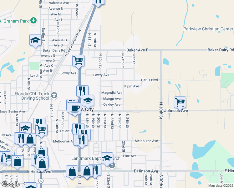 map of restaurants, bars, coffee shops, grocery stores, and more near 2219 Magnolia Avenue in Haines City