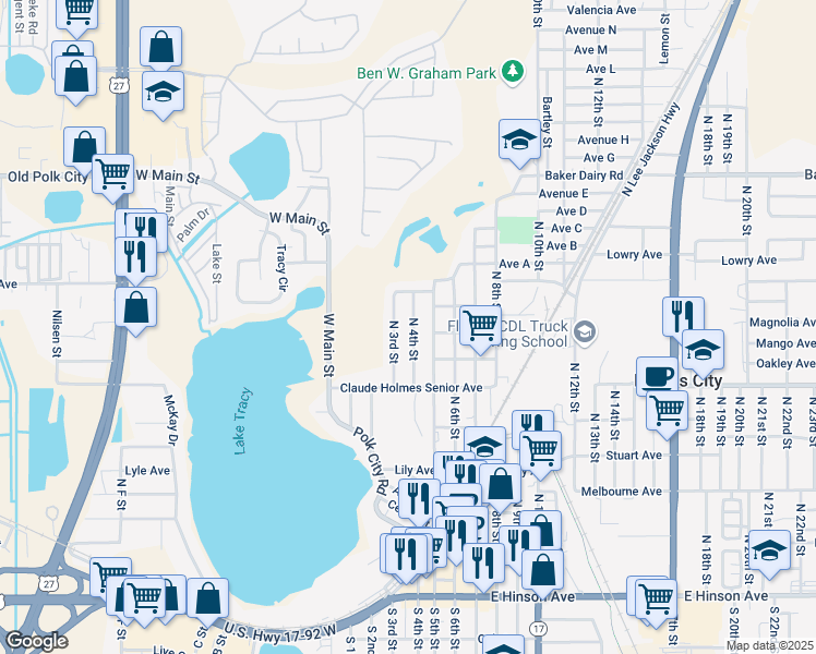 map of restaurants, bars, coffee shops, grocery stores, and more near 700 North 4th Street in Haines City