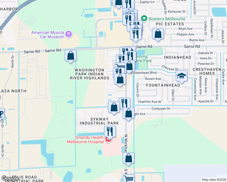 map of restaurants, bars, coffee shops, grocery stores, and more near 596 North Wickham Road in Melbourne