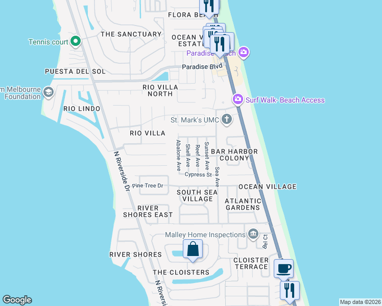 map of restaurants, bars, coffee shops, grocery stores, and more near 2310 Shell Avenue in Indialantic