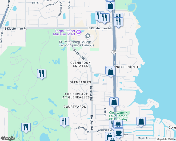 map of restaurants, bars, coffee shops, grocery stores, and more near 4429 Glenbrook Drive in Palm Harbor