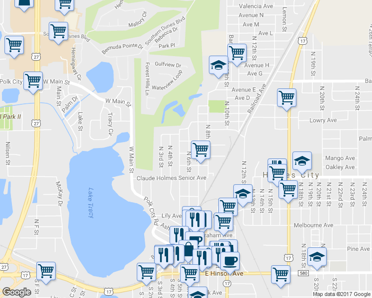 map of restaurants, bars, coffee shops, grocery stores, and more near 706 North 6th Street in Haines City