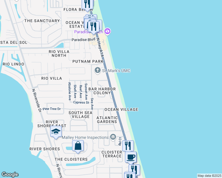 map of restaurants, bars, coffee shops, grocery stores, and more near 2186 North Highway A1A in Indialantic