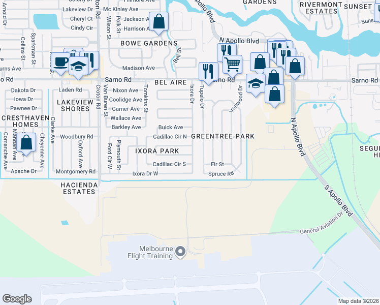 map of restaurants, bars, coffee shops, grocery stores, and more near 1662 Dodge Circle South in Melbourne