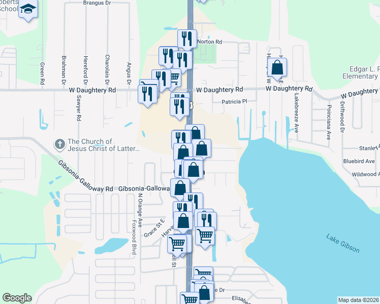 map of restaurants, bars, coffee shops, grocery stores, and more near 5615 US Highway 98 North in Lakeland