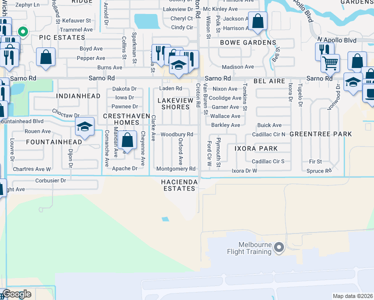 map of restaurants, bars, coffee shops, grocery stores, and more near 558 Oxford Avenue in Melbourne