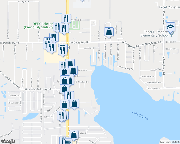 map of restaurants, bars, coffee shops, grocery stores, and more near 802 Princeton Street in Lakeland