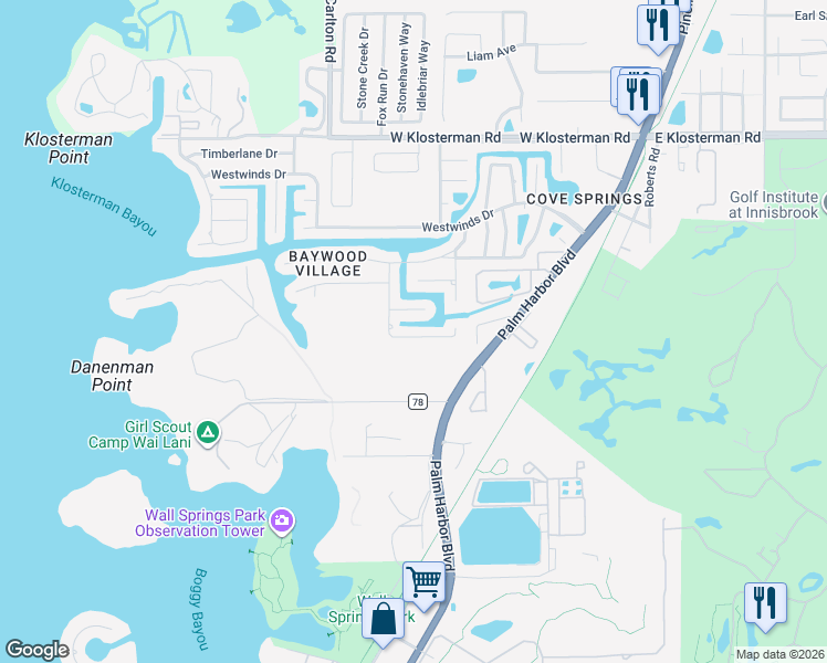 map of restaurants, bars, coffee shops, grocery stores, and more near 76 Gulfwinds Drive in Palm Harbor
