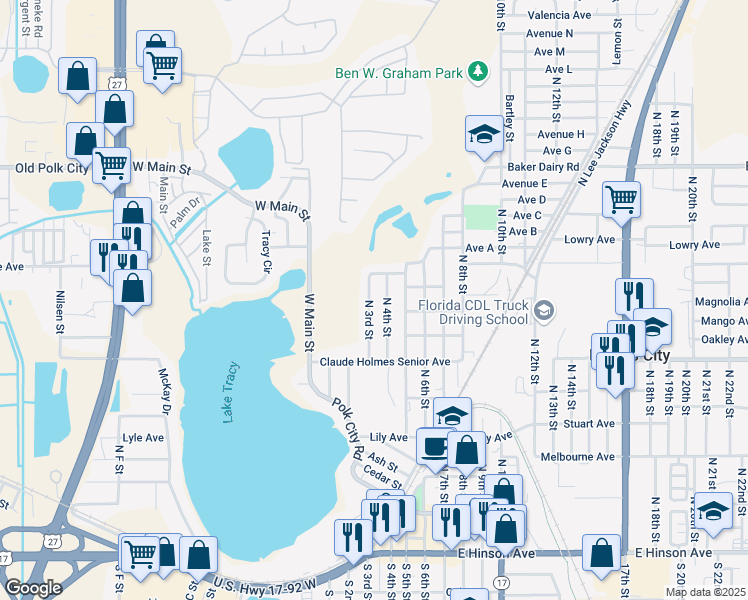 map of restaurants, bars, coffee shops, grocery stores, and more near 700 North 4th Street in Haines City