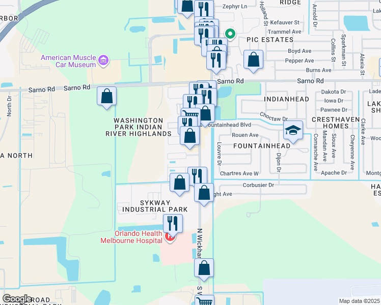 map of restaurants, bars, coffee shops, grocery stores, and more near 606 North Wickham Road in Melbourne