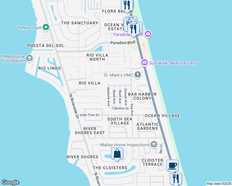 map of restaurants, bars, coffee shops, grocery stores, and more near 2310 Shell Avenue in Indialantic