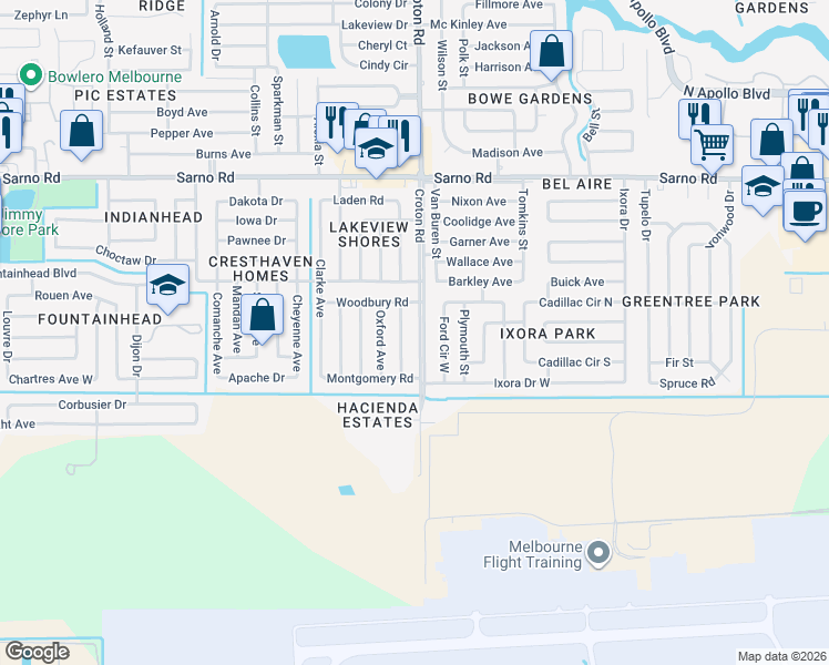map of restaurants, bars, coffee shops, grocery stores, and more near 558 Croton Road in Melbourne