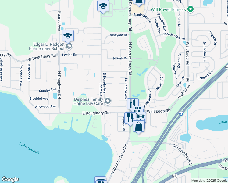 map of restaurants, bars, coffee shops, grocery stores, and more near 334 Montebello Court in Lakeland